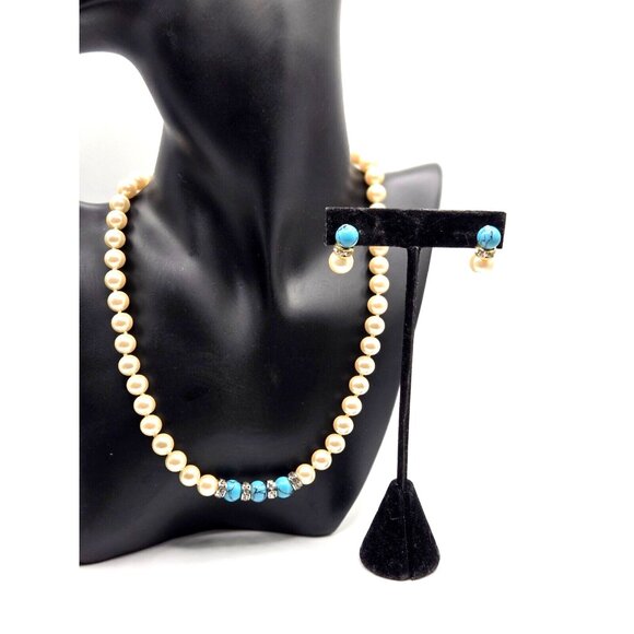 Vintage Pearl and Howlite with Rhinestones Necklace and Pierced earring Set - Picture 2 of 7